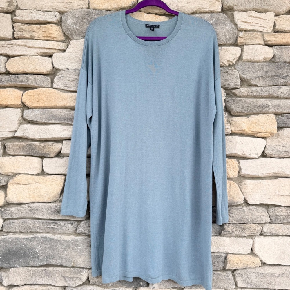 Eileen Fisher Tencel Lyocell Knit Tunic Sweater Dress Blue M Cozy Minimalist
